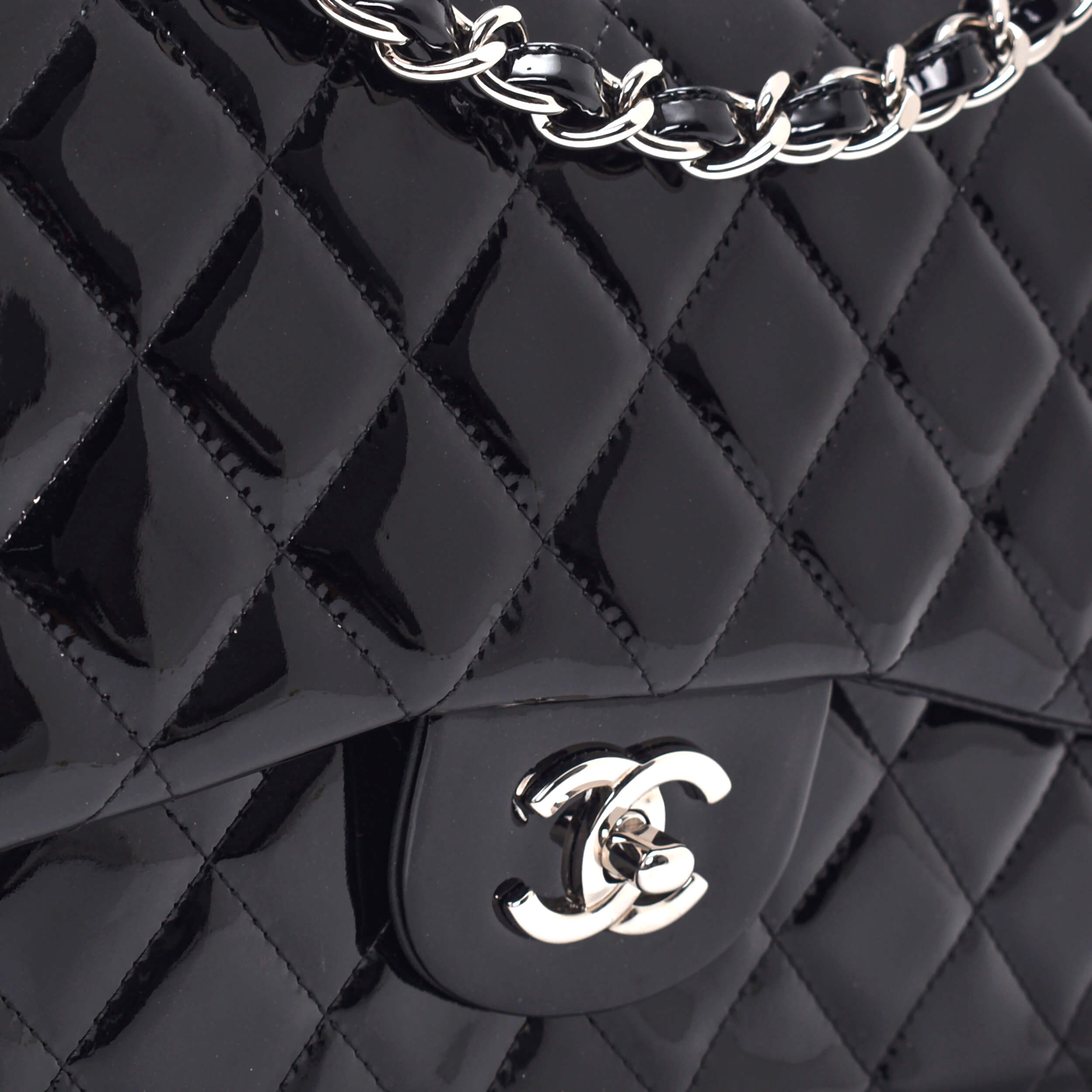 Chanel - Black Quilted Patent Leather Jumbo Double Flap Bag